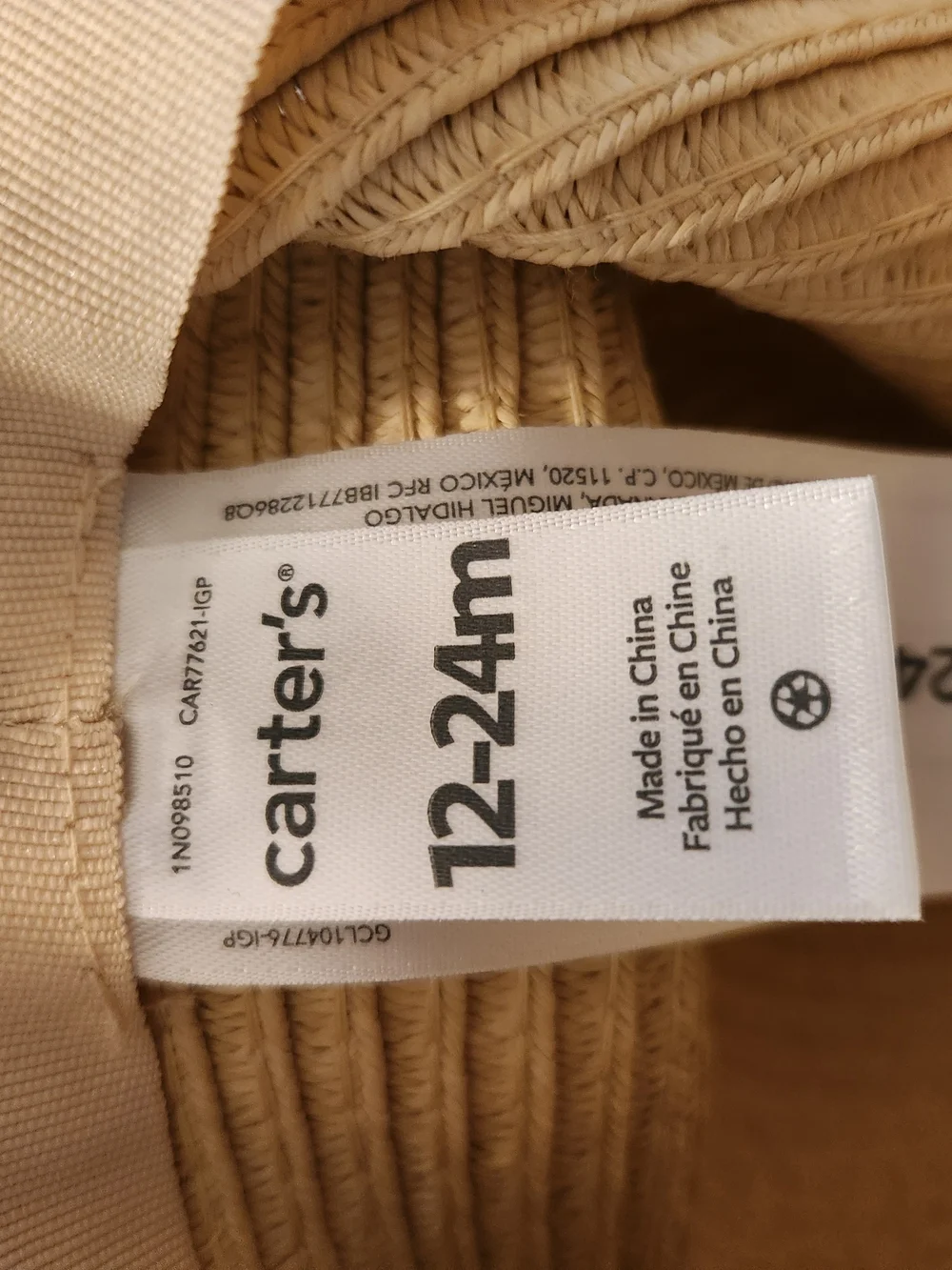 Carter's Baby Boy Khaki Straw Fedora Sun Hat with Light Blue Trim 12-24 Months